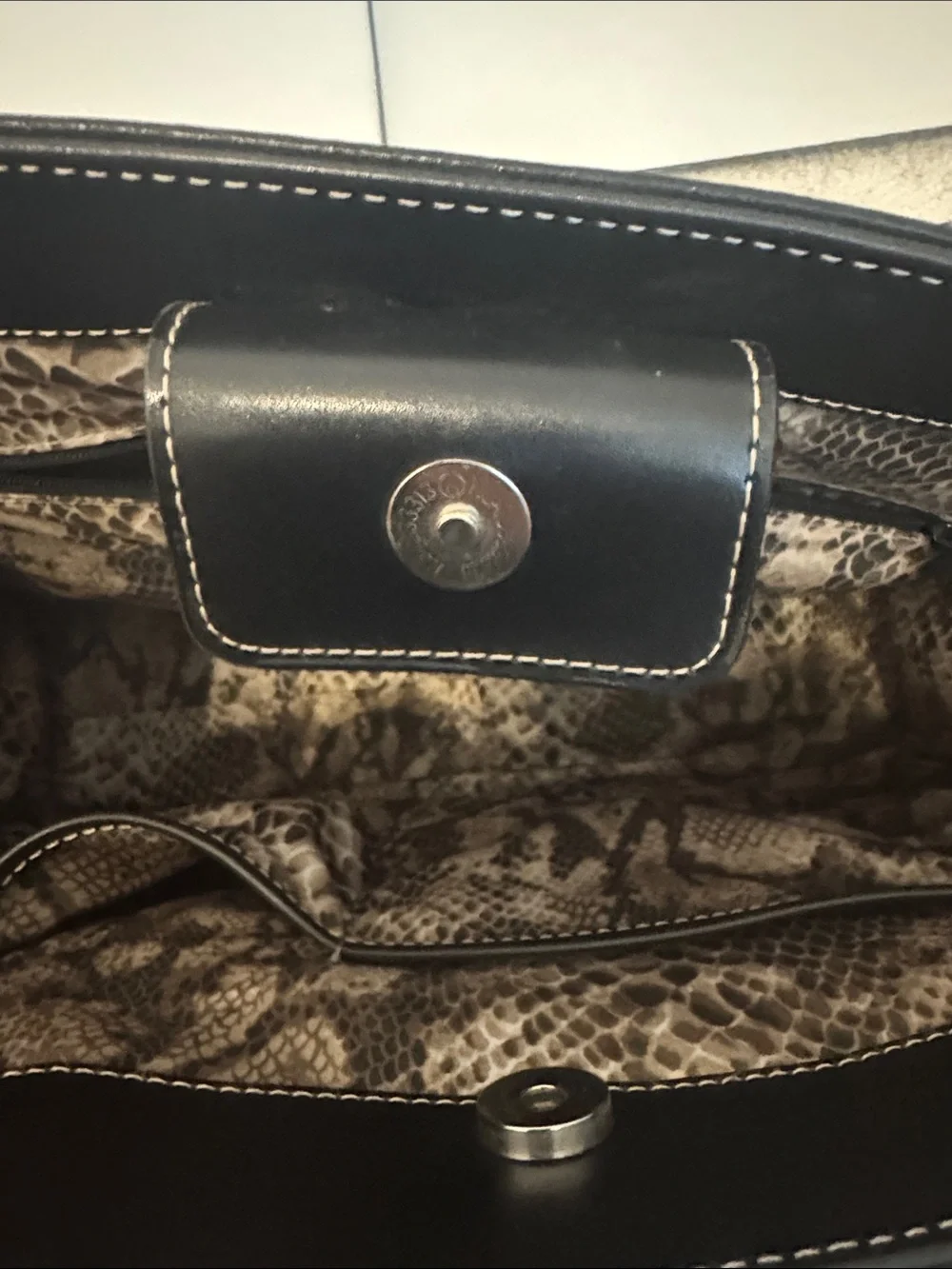 Wilsons Black Leather Tote with Snake-Print Interior
